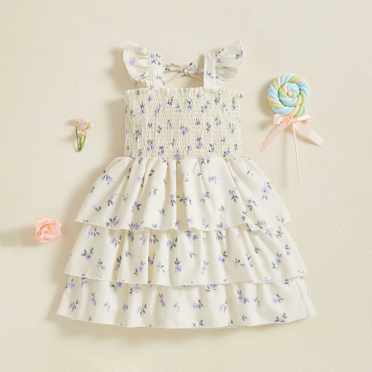 Girls Cream Floral Printed Flutter Sleeve Smocked Tiered Dress Casual Dresses