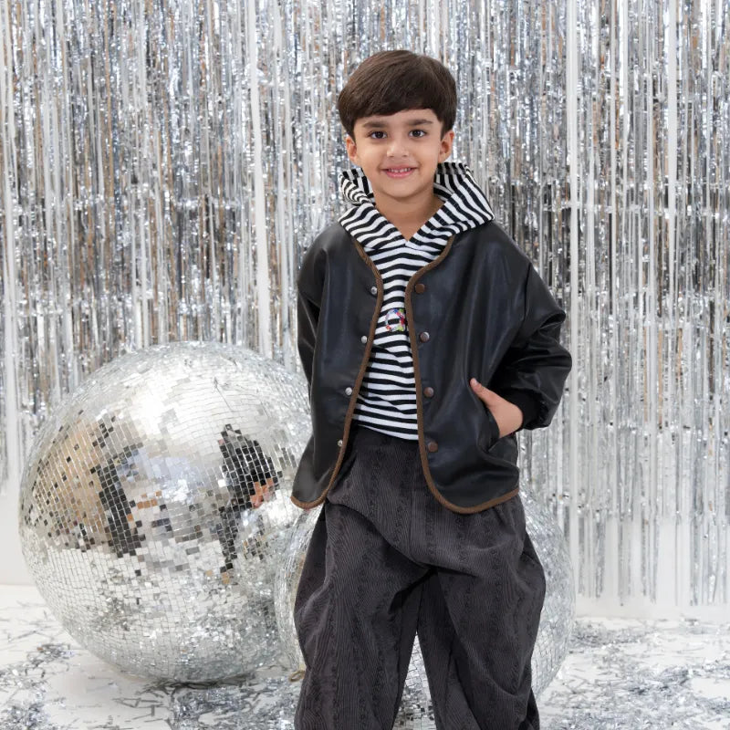 Boys Black Solid Faux Lather Jacket With Hooded Sweatshirt & Pants Set Sets