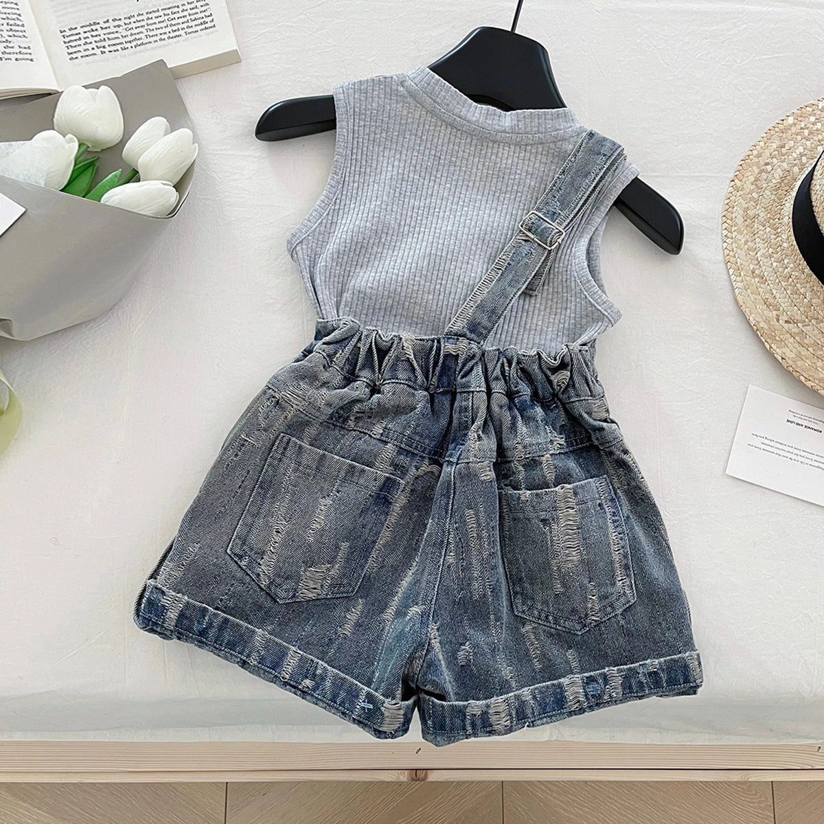 Girls Light Grey Sleeveless Top With Distressed Denim Dungaree Sets 2 pc. Sets