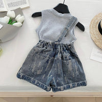 Girls Light Grey Sleeveless Top With Distressed Denim Dungaree Sets 2 pc. Sets