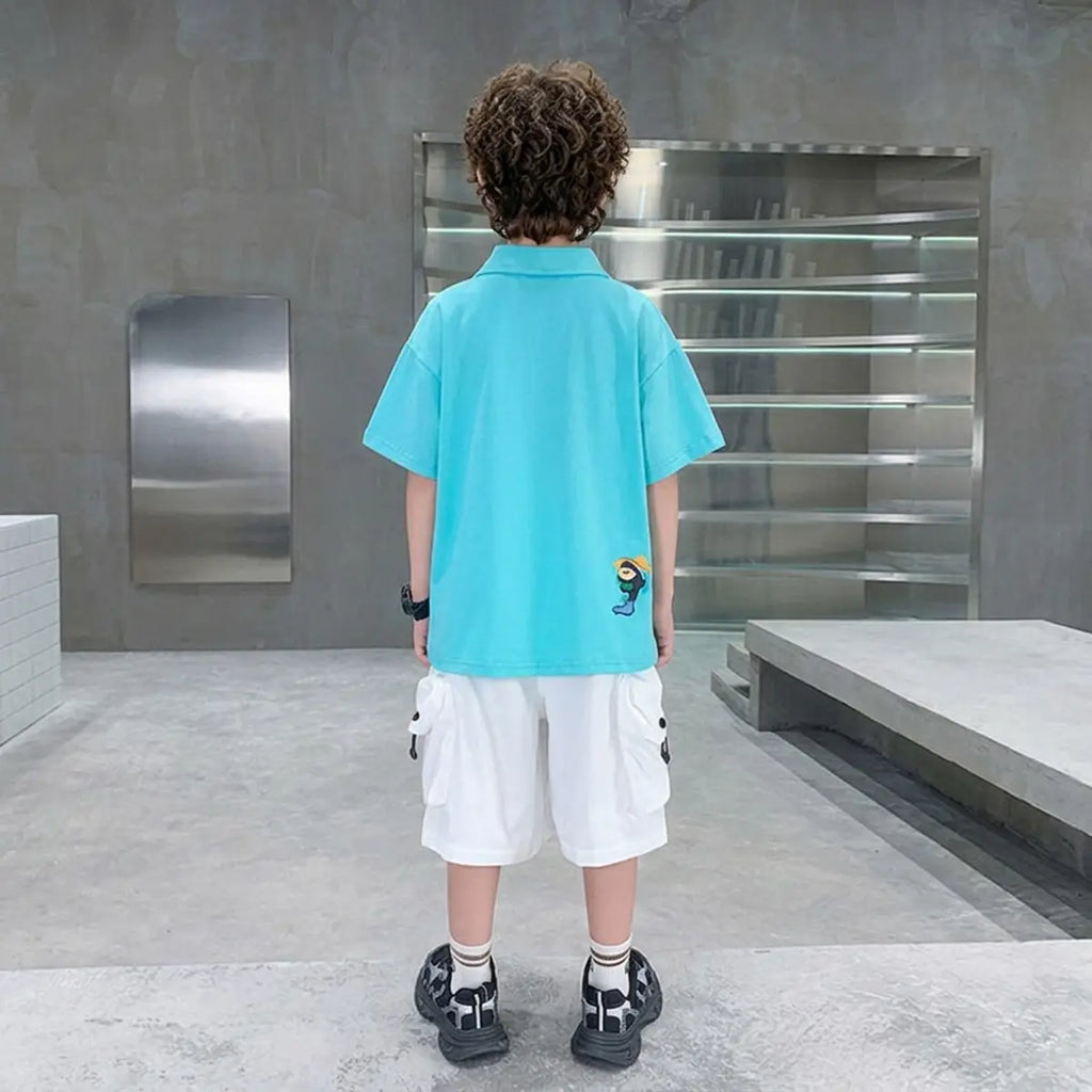 Boys Turquoise Graphic Polo T-Shirt With Shorts Sets Sets