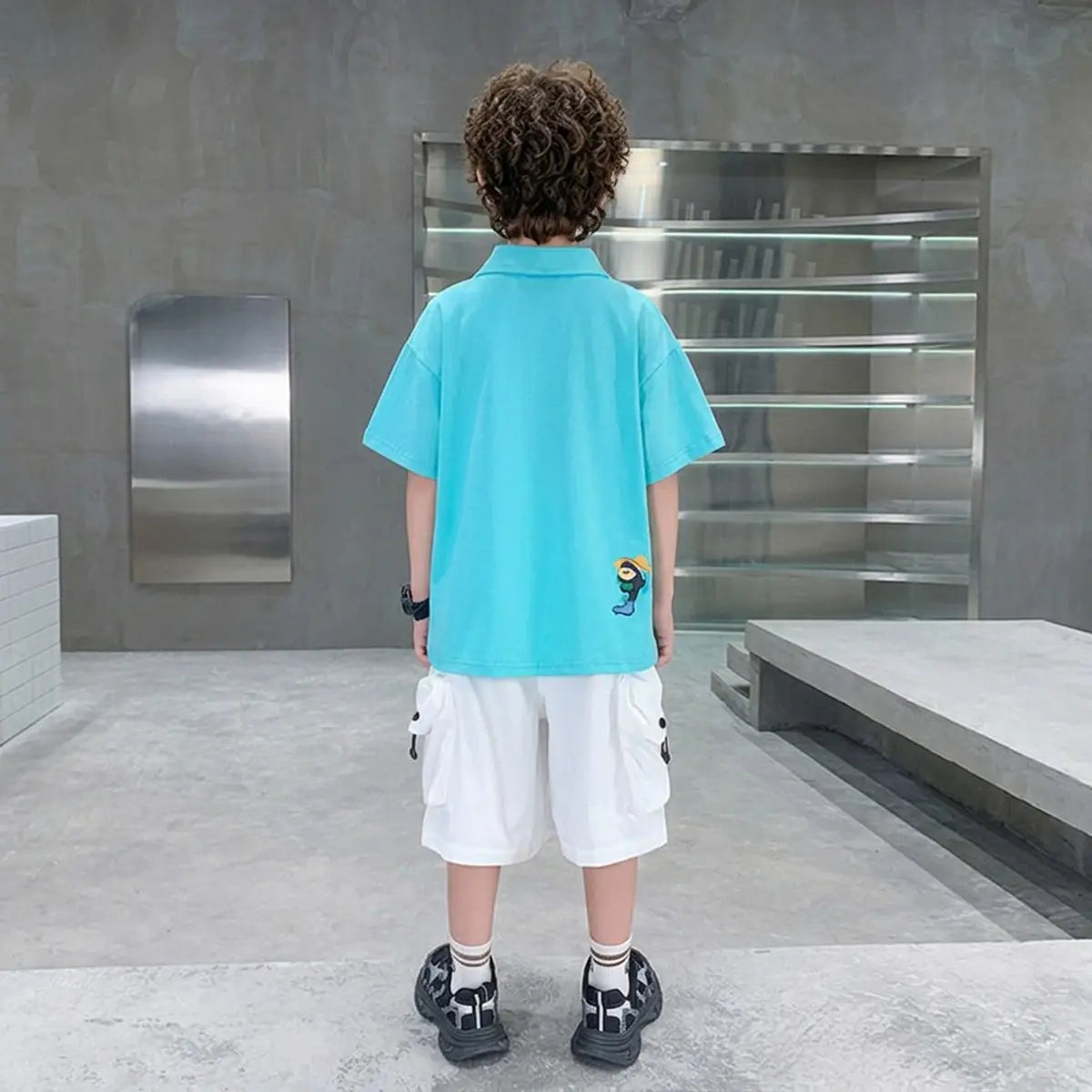 Boys Turquoise Graphic Polo T-Shirt With Shorts Sets Sets