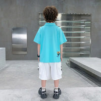 Boys Turquoise Graphic Polo T-Shirt With Shorts Sets Sets