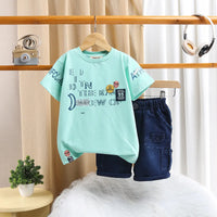 Boys Green Printed Short Sleeve T-Shirt With Denim Shorts Sets 2 pc. Sets Green 1-2 Y