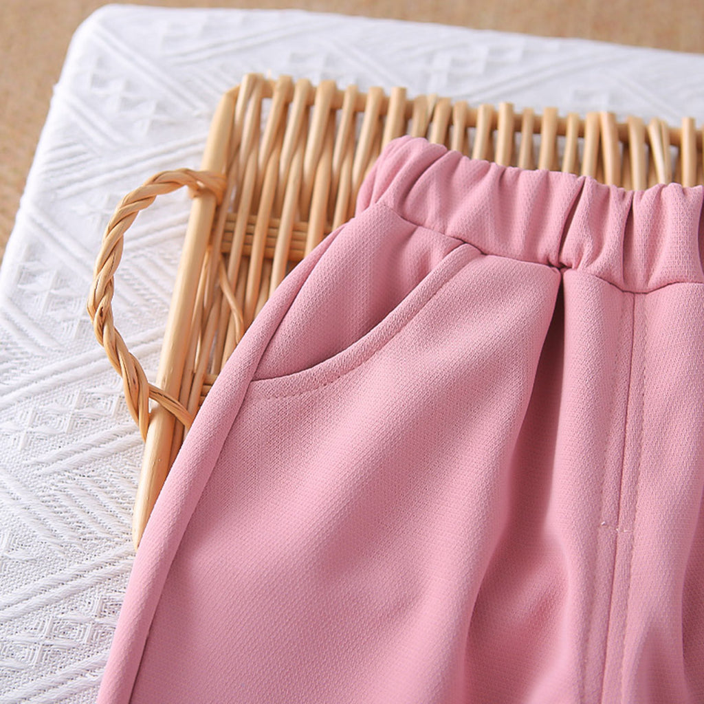 Girls Pink Solid Sleeveless Jacket With Top & Pants Set Sets