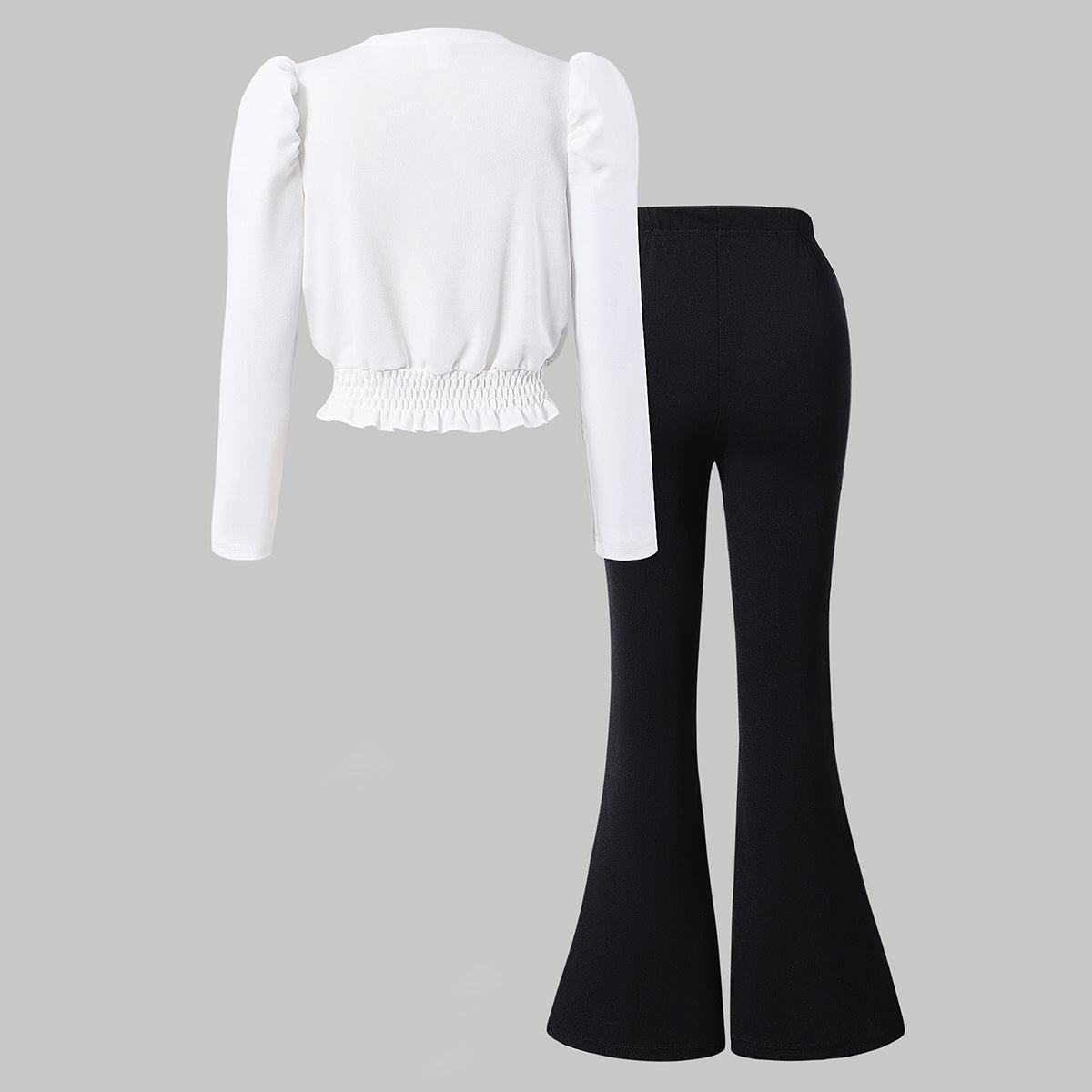 Girls White Bow Applique V-Neck Top With Flared Pants Set 2 pc. Sets