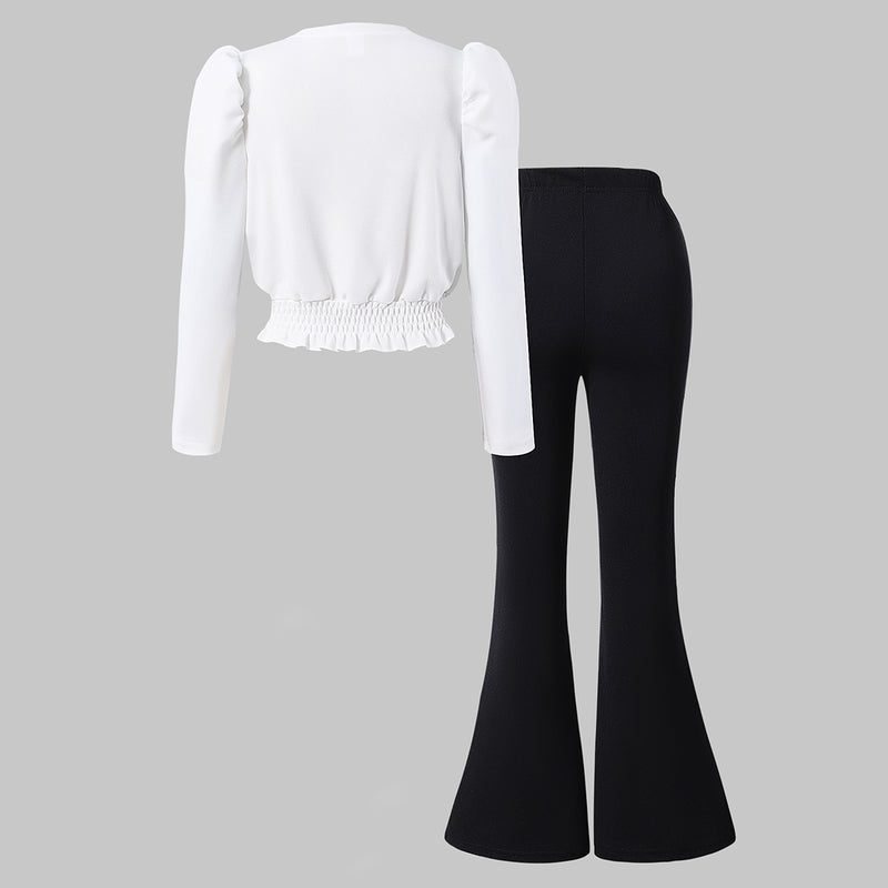 Girls White Bow Applique V-Neck Top With Flared Pants Set 2 pc. Sets