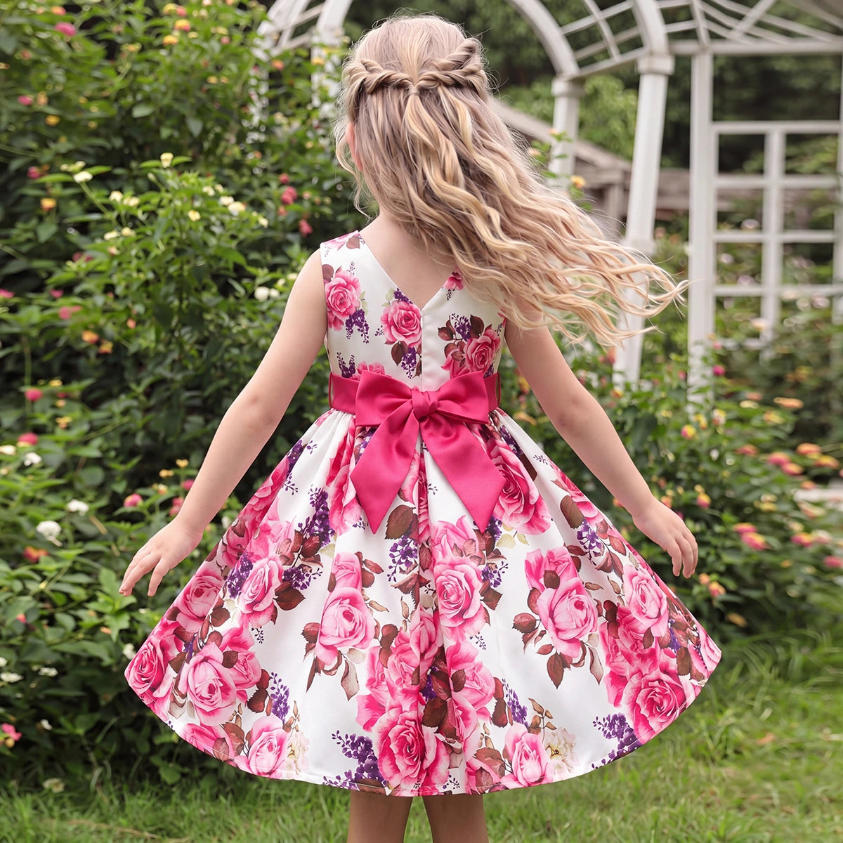 Girls Pink Floral Printed Sleeveless Fit & Flare Dress With Bow Detail Casual Dresses