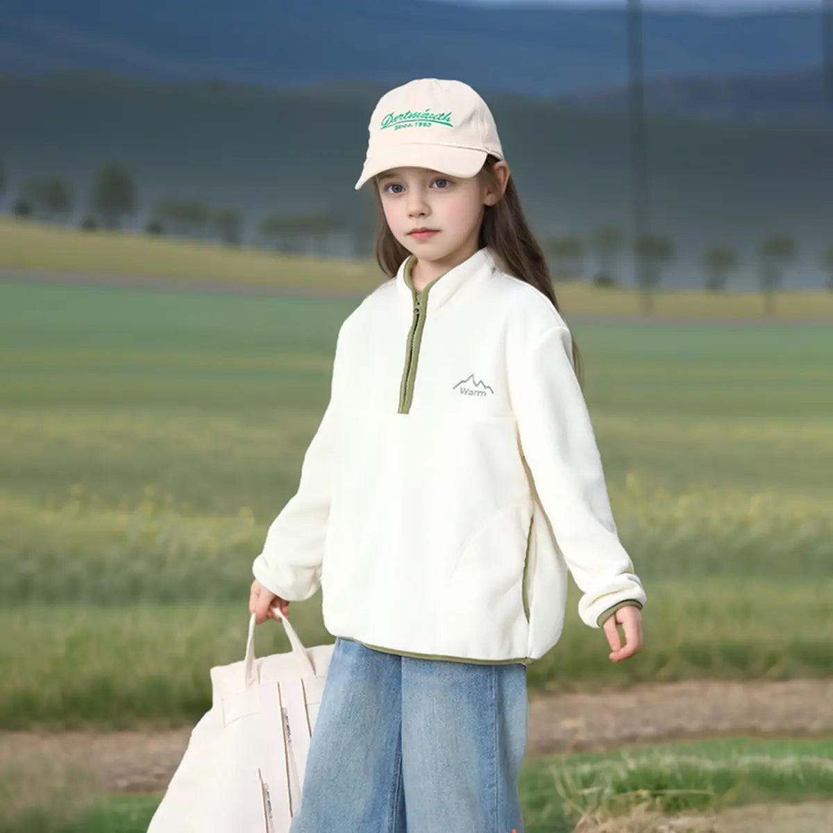 Girls Off White Fleece Half Zipper Jacket Coats & Jackets