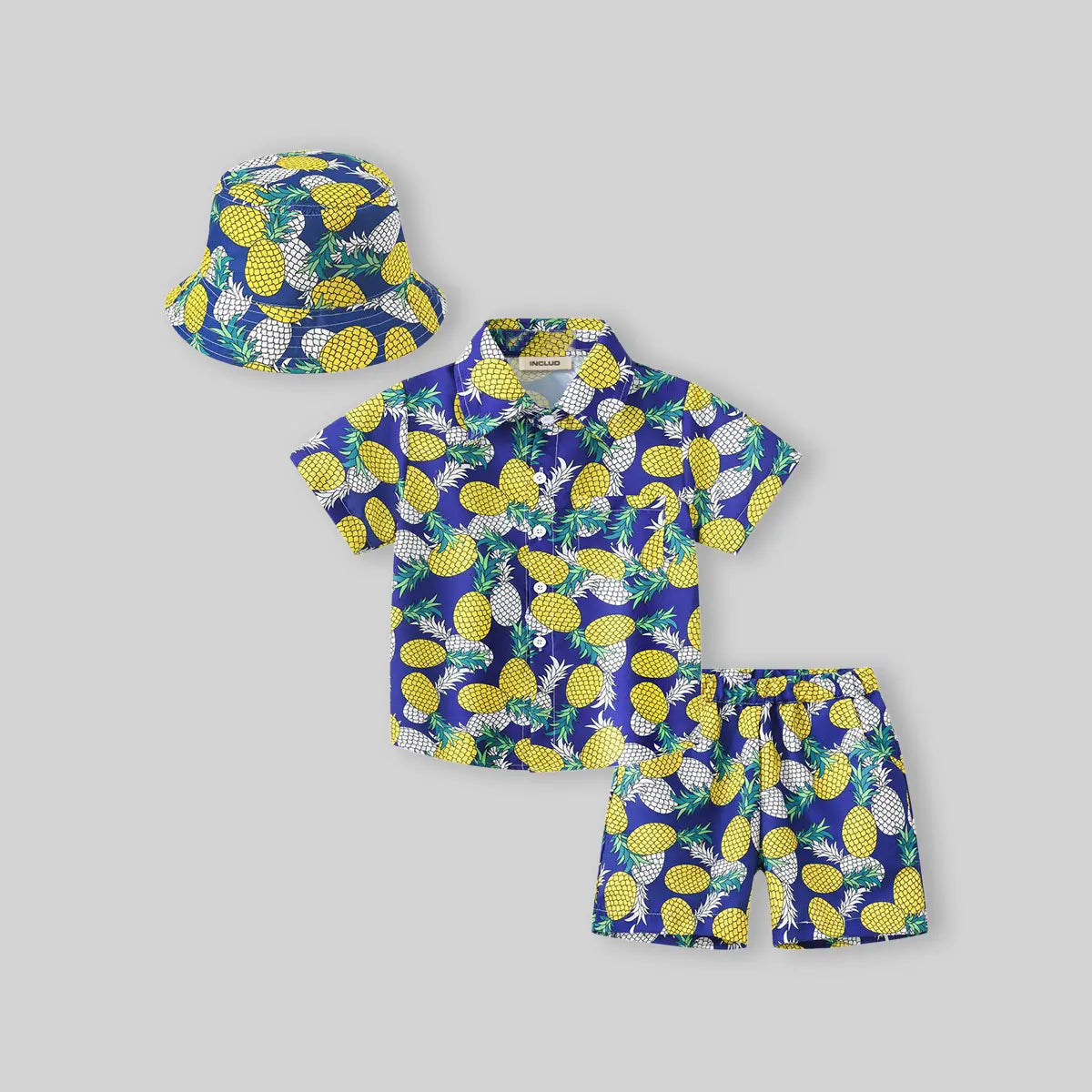 Boys Yellow Pineapple Print Button-Down Shirt With Shorts & Hat Co-ord Sets Sets