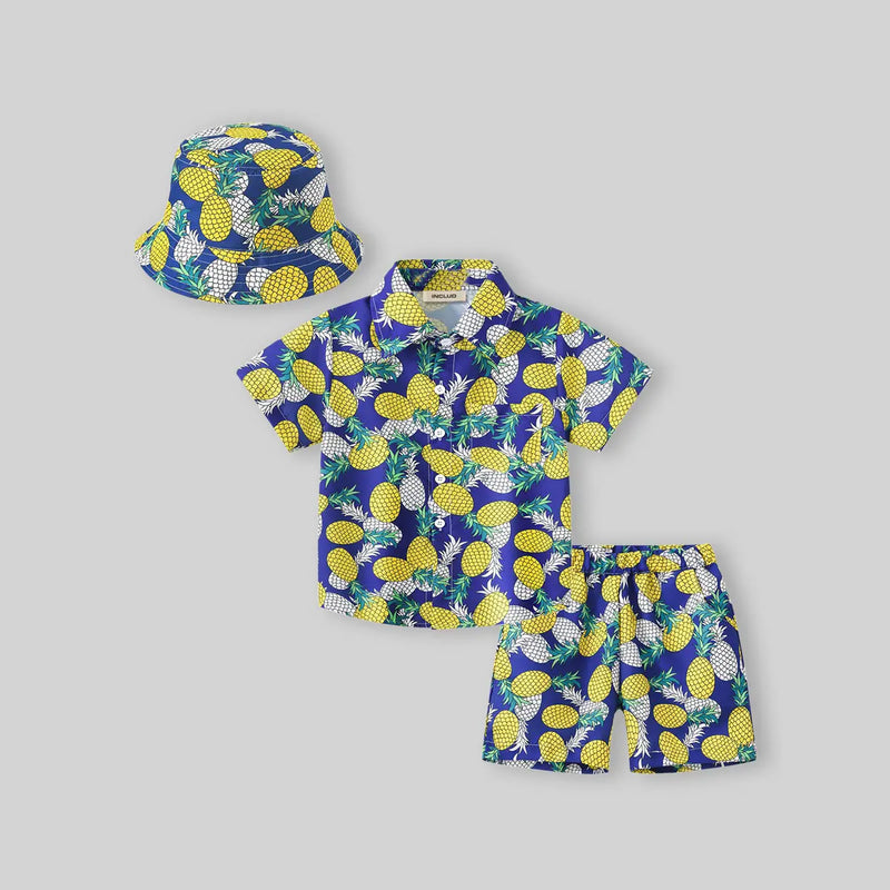 Boys Yellow Pineapple Print Button-Down Shirt With Shorts & Hat Co-ord Sets Sets