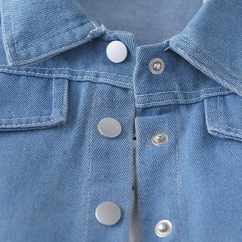 Girls White Polka Dot Spaghetti Strap A-line Dress with Denim Jacket Casual Dresses