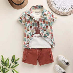 Boys Brown Tropical Print Shirt With Printed T-Shirt And Twill Shorts Sets 3 pc. Sets Brown 9-12 M