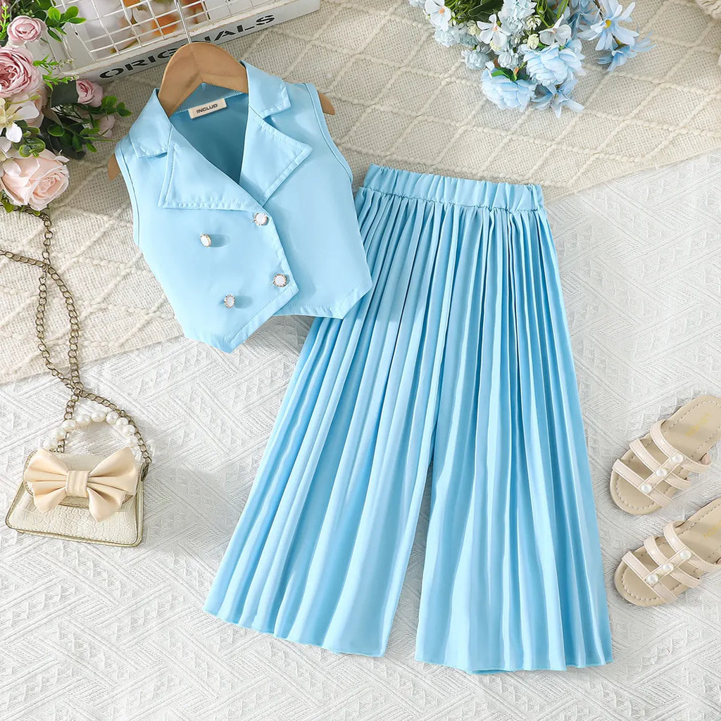 Girls Light Blue Sleeveless Blazer Top With Pleated Flared Pant Co-ord Sets Sets Light Blue 2-3 Y