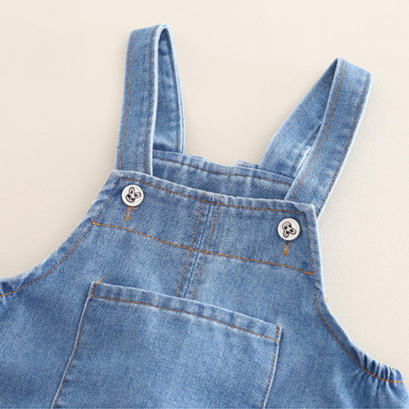 Girls Green Polk Dot Printed Puff Sleeves Top With Denim Dungaree Set 2 pc. Sets