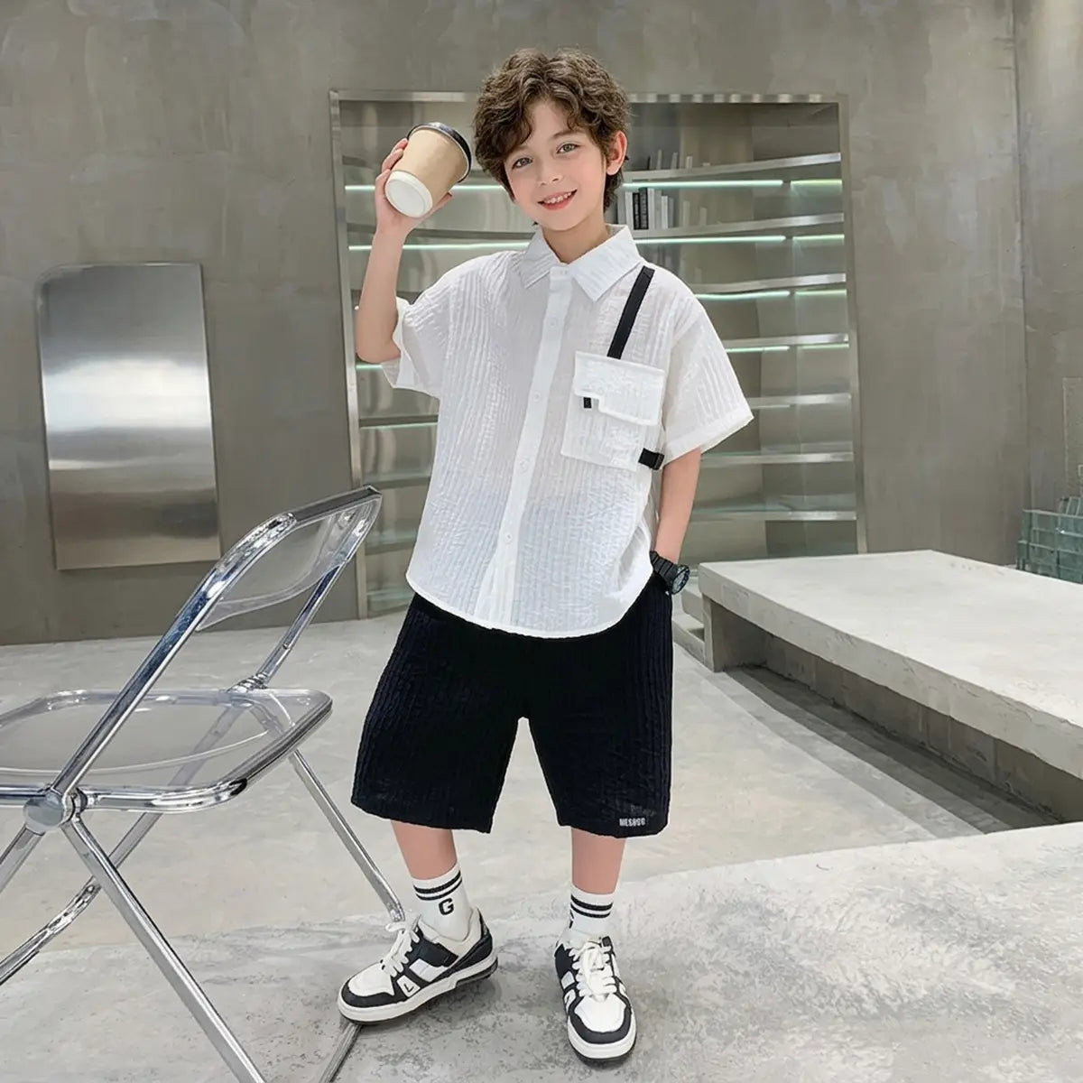 Boys White Textured Drop Shoulder Shirt With Shorts Sets Sets White 5-6 Y