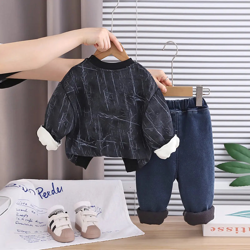 Boys Black Abstract Printed Sweatshirt With Denim Pants Set Sets