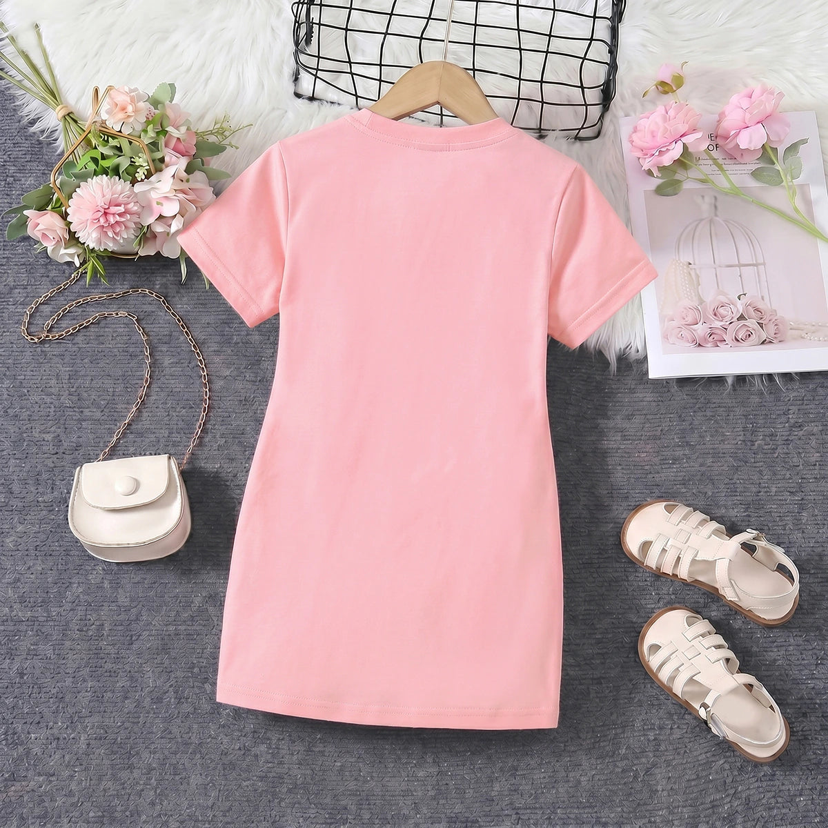 Girls Pink Butterfly Print Short Sleeve T-Shirt Dress Casual Dresses