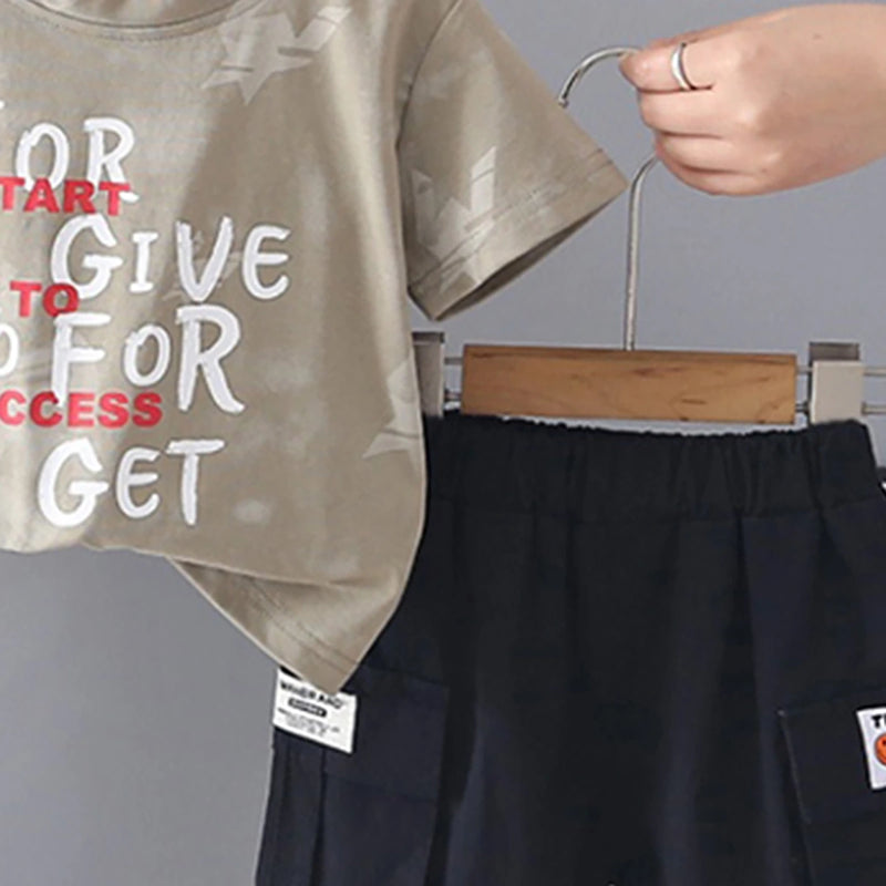 Boys Khaki Typographic Printed Short Sleeve T-Shirt With Cargo Shorts Sets 2 pc. Sets