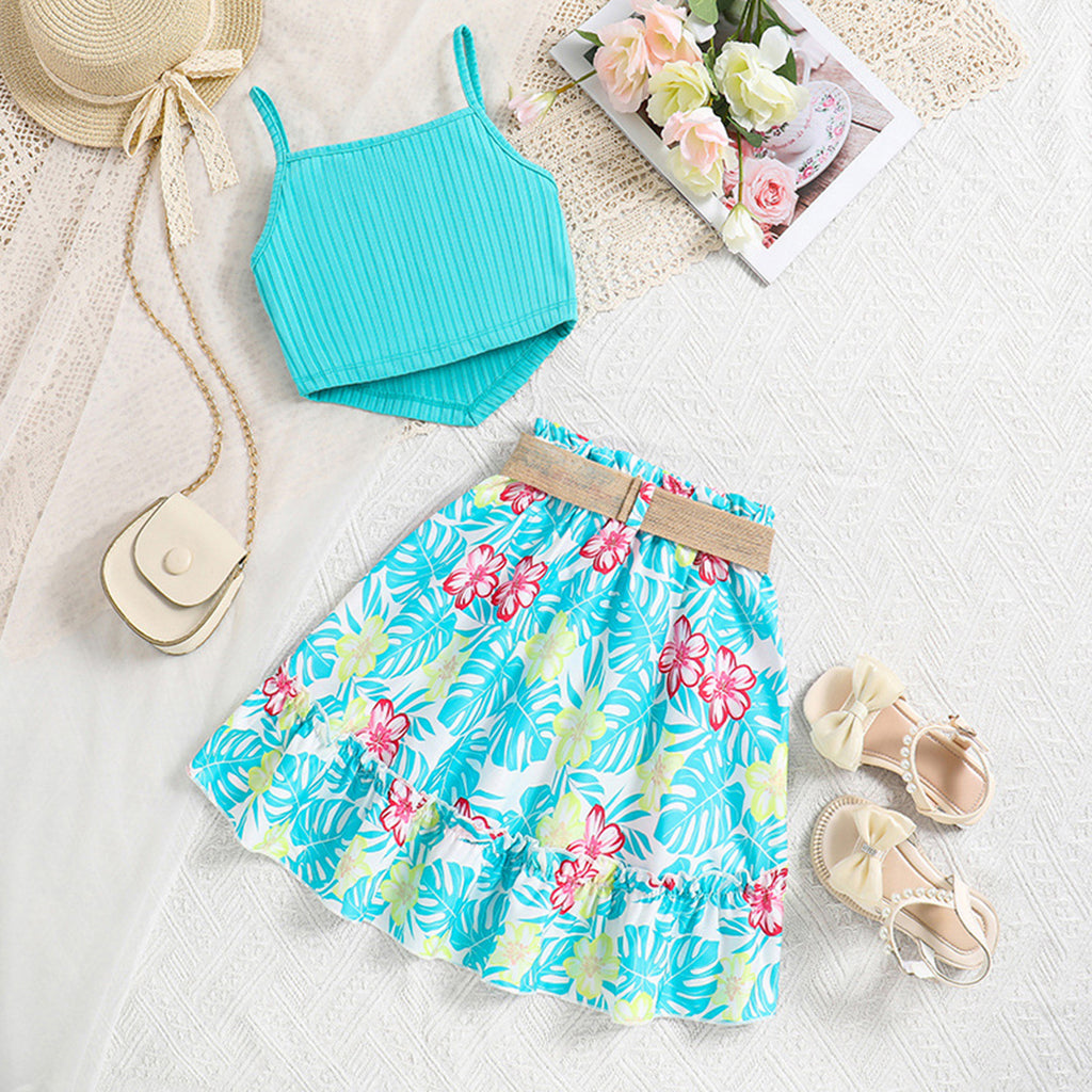 Girls Sleeveless Top With Floral Printed Skirt Set
