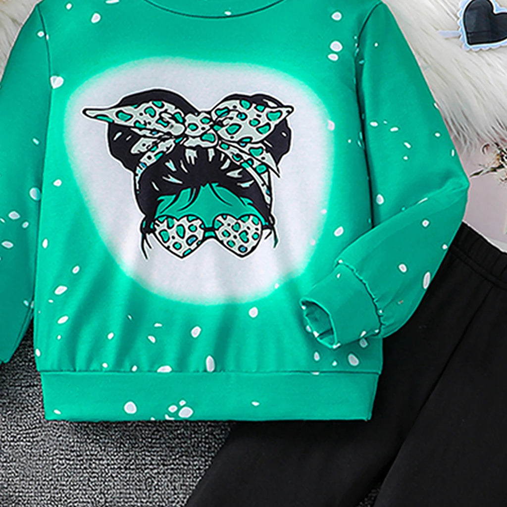 Girls Green Graphic Long Sleeve Sweatshirt With Pants Sets 2 pc. Sets