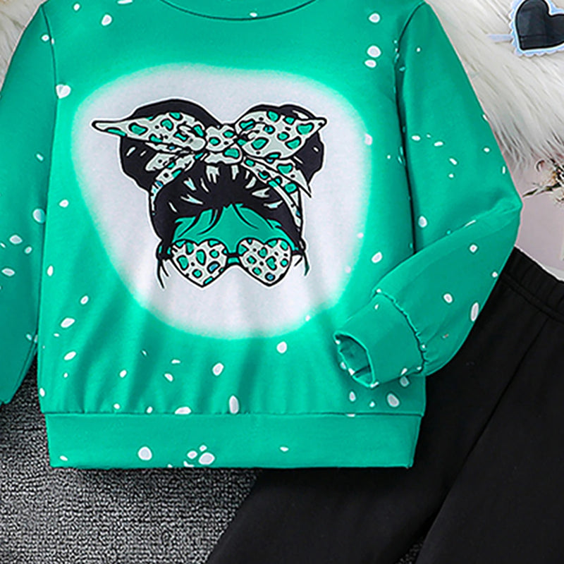 Girls Green Graphic Long Sleeve Sweatshirt With Pants Sets 2 pc. Sets