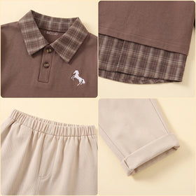 Boys Brown Checked Long Sleeve T-Shirt With Pants Sets 2 pc. Sets