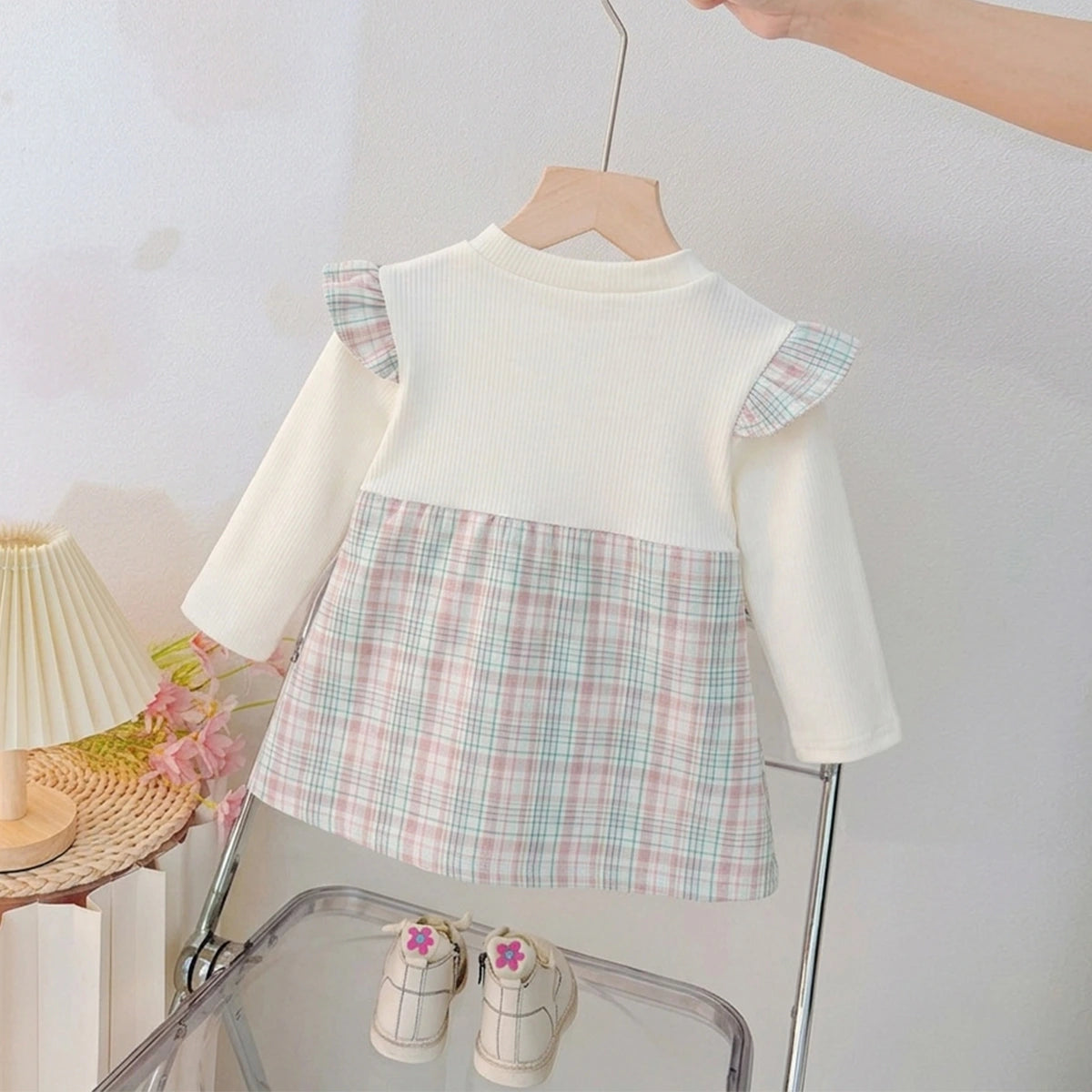 Girls Blue Checked Bunny Applique Round Neck Pinafore Dress Casual Dresses