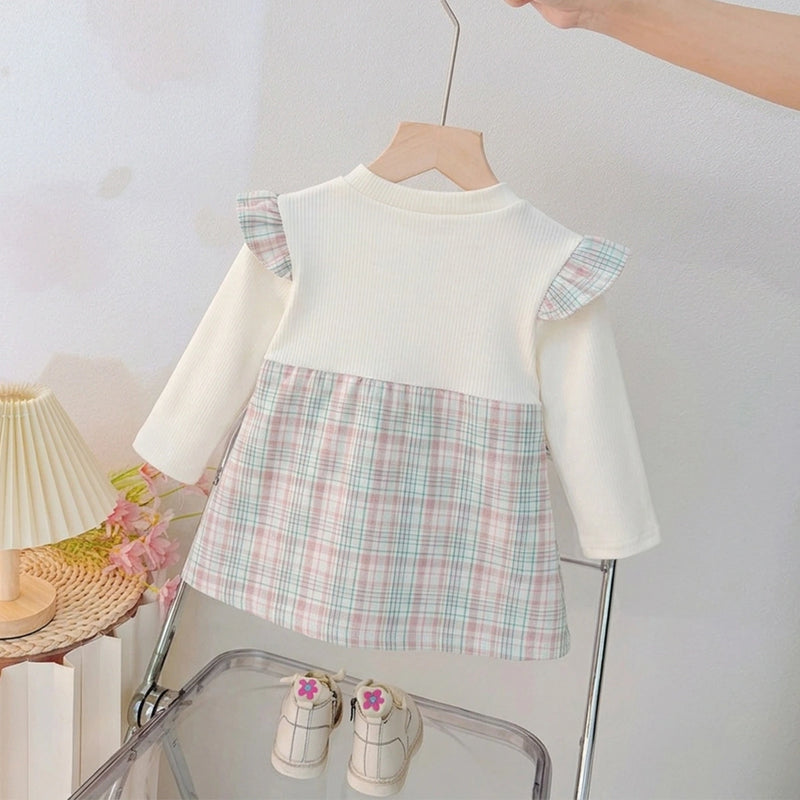 Girls Blue Checked Bunny Applique Round Neck Pinafore Dress Casual Dresses
