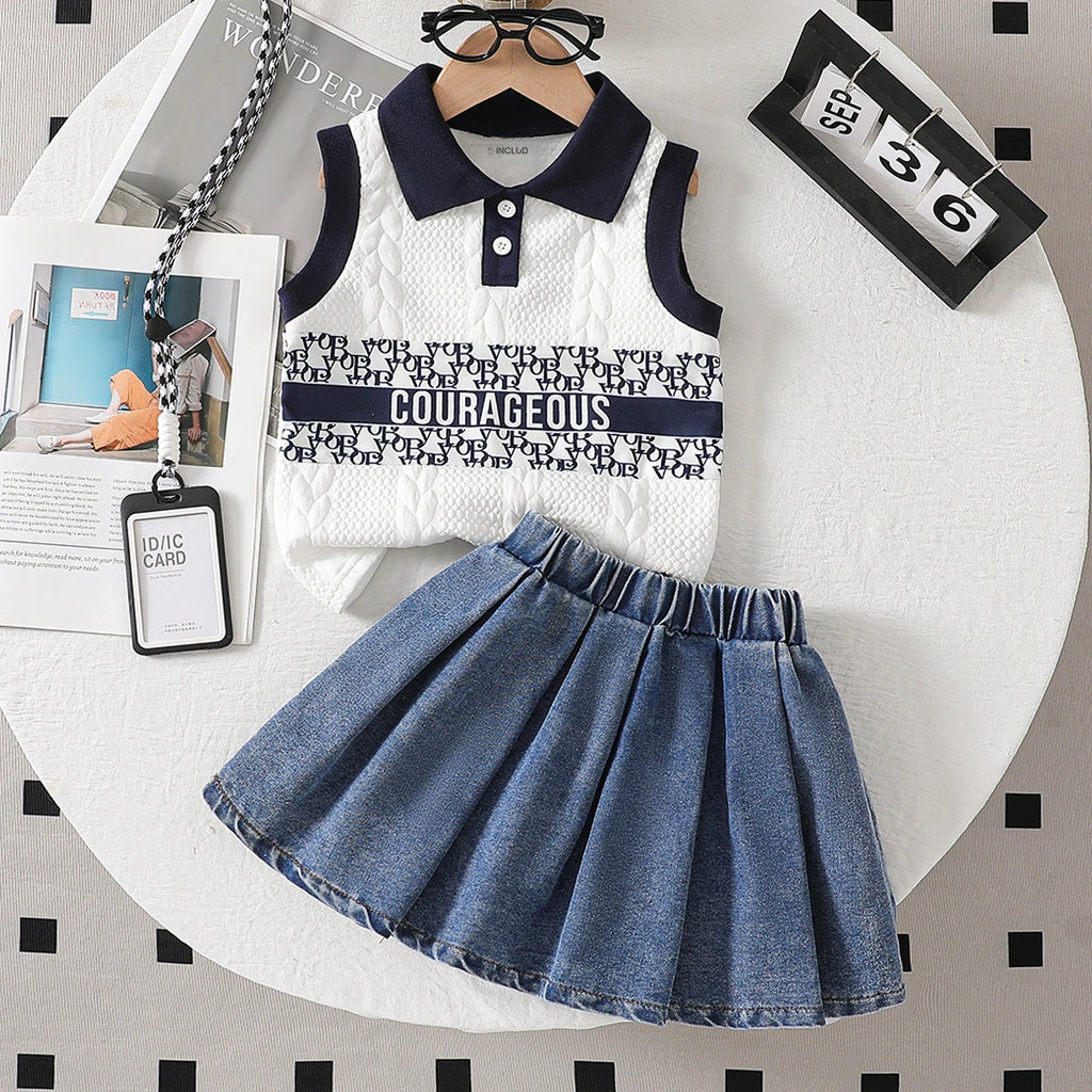 Girls White Textured Sleeveless Polo T-Shirt With Denim Skirt Sets Sets White 3-4 Y