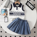 Girls White Textured Sleeveless Polo T-Shirt With Denim Skirt Sets Sets White 3-4 Y