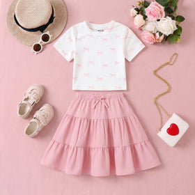 Girls White Bow Printed Top With Tiered Skirt Sets 2 pc. Sets White 3-4 Y