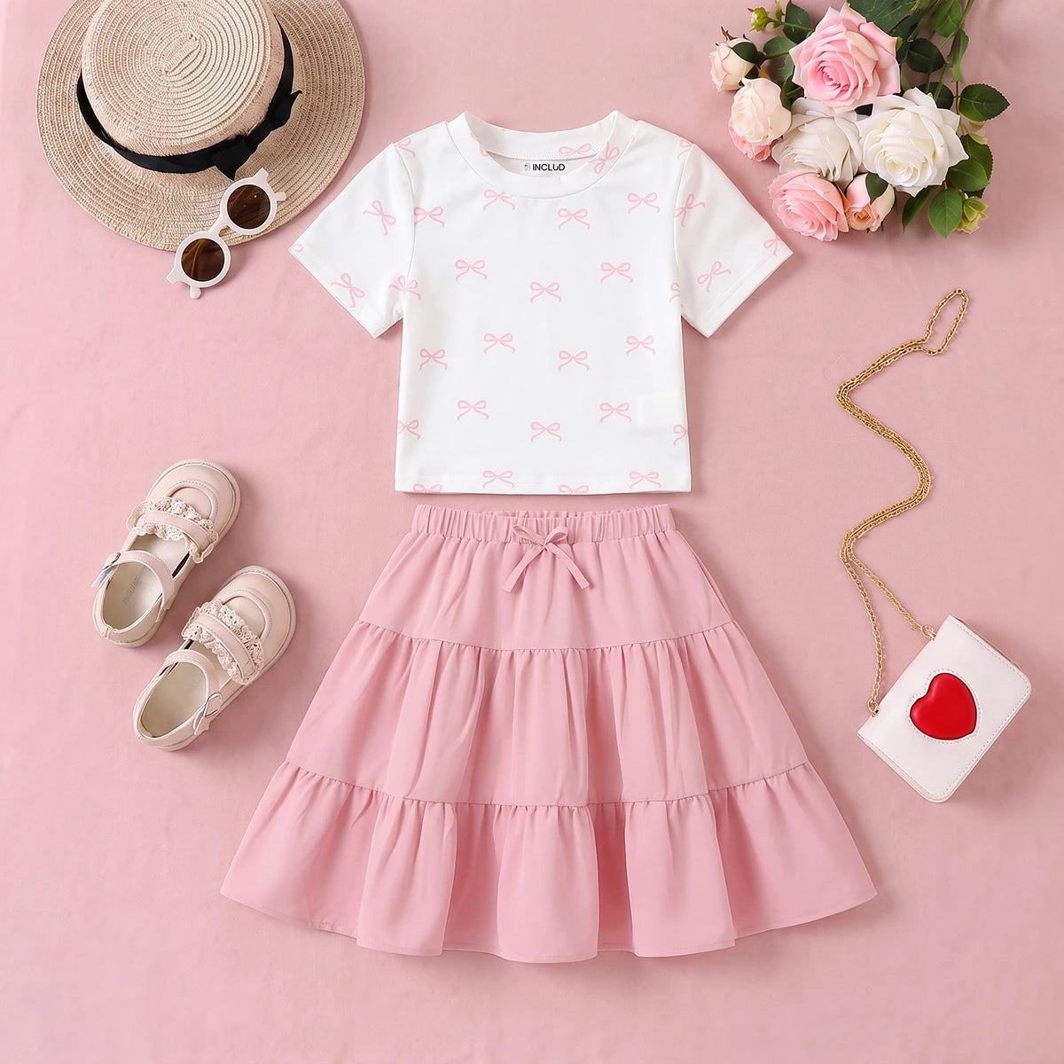 Girls White Bow Printed Top With Tiered Skirt Sets 2 pc. Sets White 3-4 Y