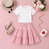 Girls White Bow Printed Top With Tiered Skirt Sets 2 pc. Sets White 3-4 Y