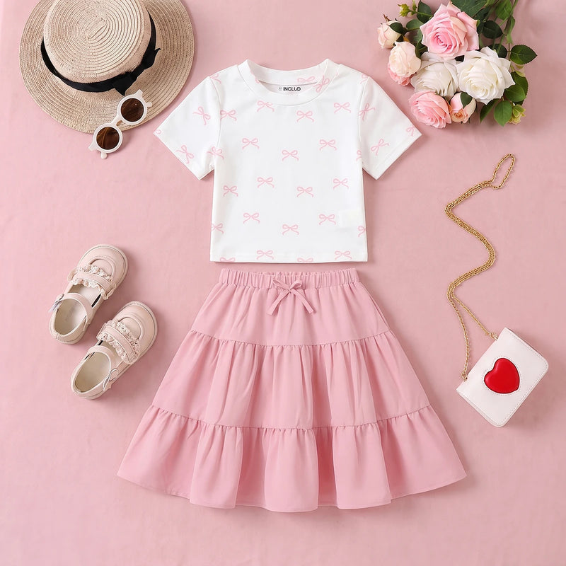 Girls White Bow Printed Top With Tiered Skirt Sets 2 pc. Sets White 3-4 Y