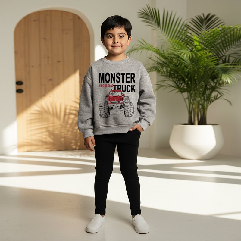 Boys Grey Monster Truck Graphics Round Neck Sweatshirt Sweatshirts & Hoodies Grey 4-5 Y
