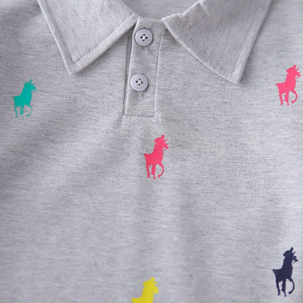 Boys Grey Horse Printed Polo T-Shirt With Shorts Set 2 pc. Sets