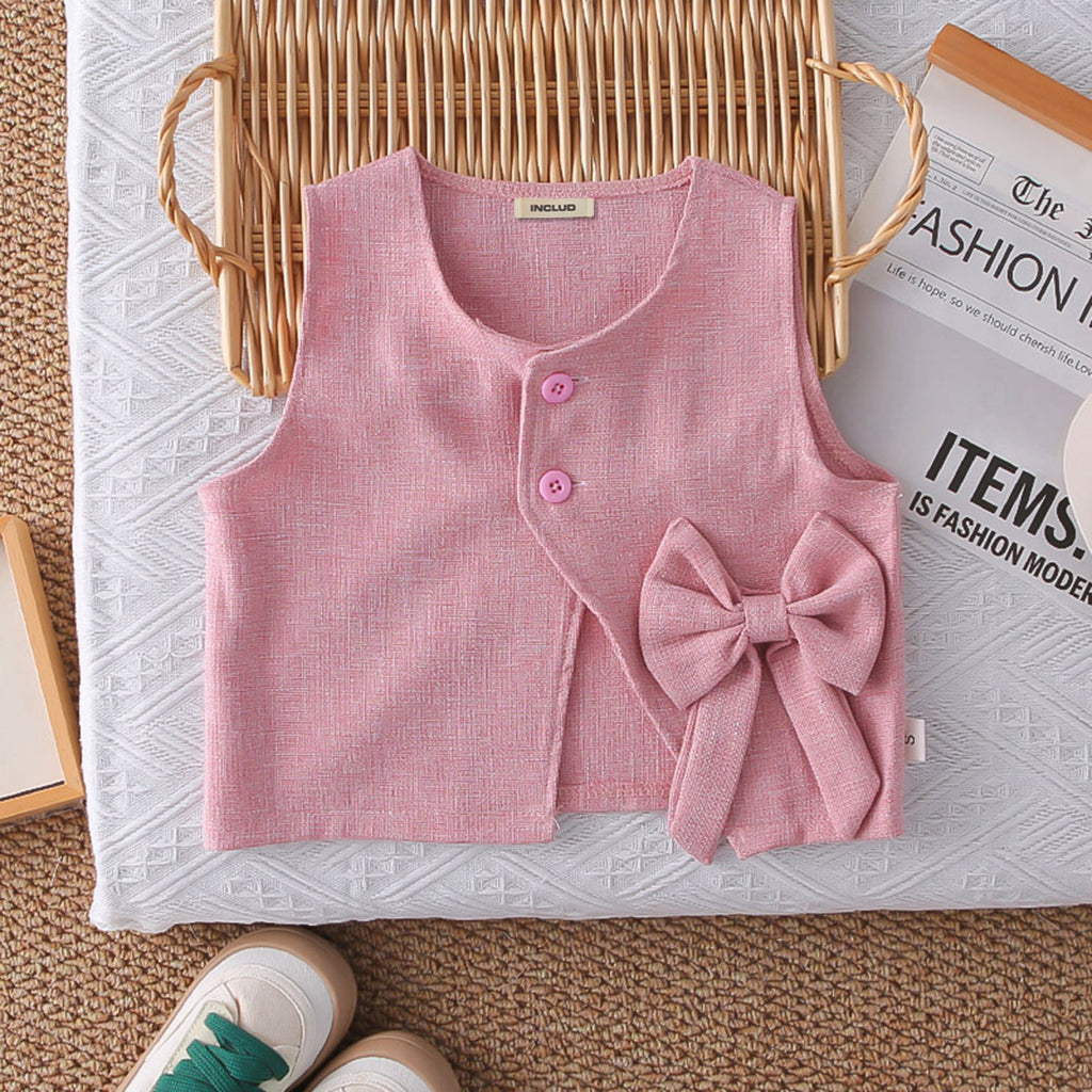 Girls Pink Textured Sleeveless Jacket With Top & Pants Set Sets