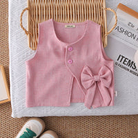 Girls Pink Textured Sleeveless Jacket With Top & Pants Set Sets