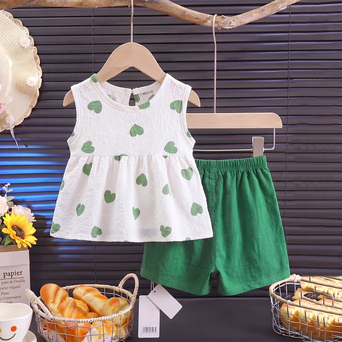Girls Green Heart Print Sleeveless Peplum Top With Shorts Sets 2 pc. Sets Green 1-2 Y