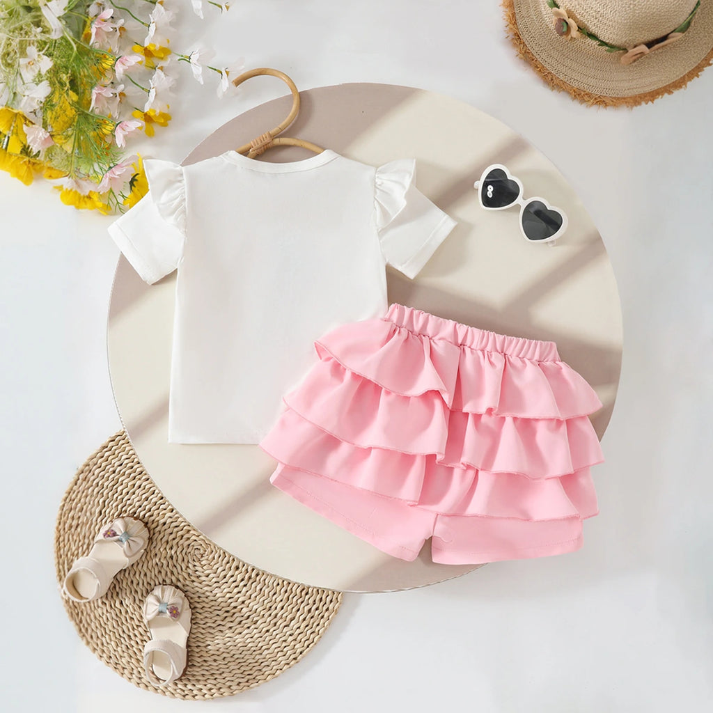 Girls Graphics Short Sleeves Top With Pink Ruffled Shorts Set Sets