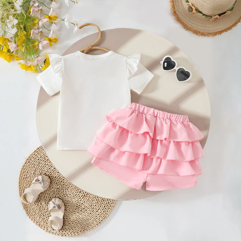 Girls Graphics Short Sleeves Top With Pink Ruffled Shorts Set Sets