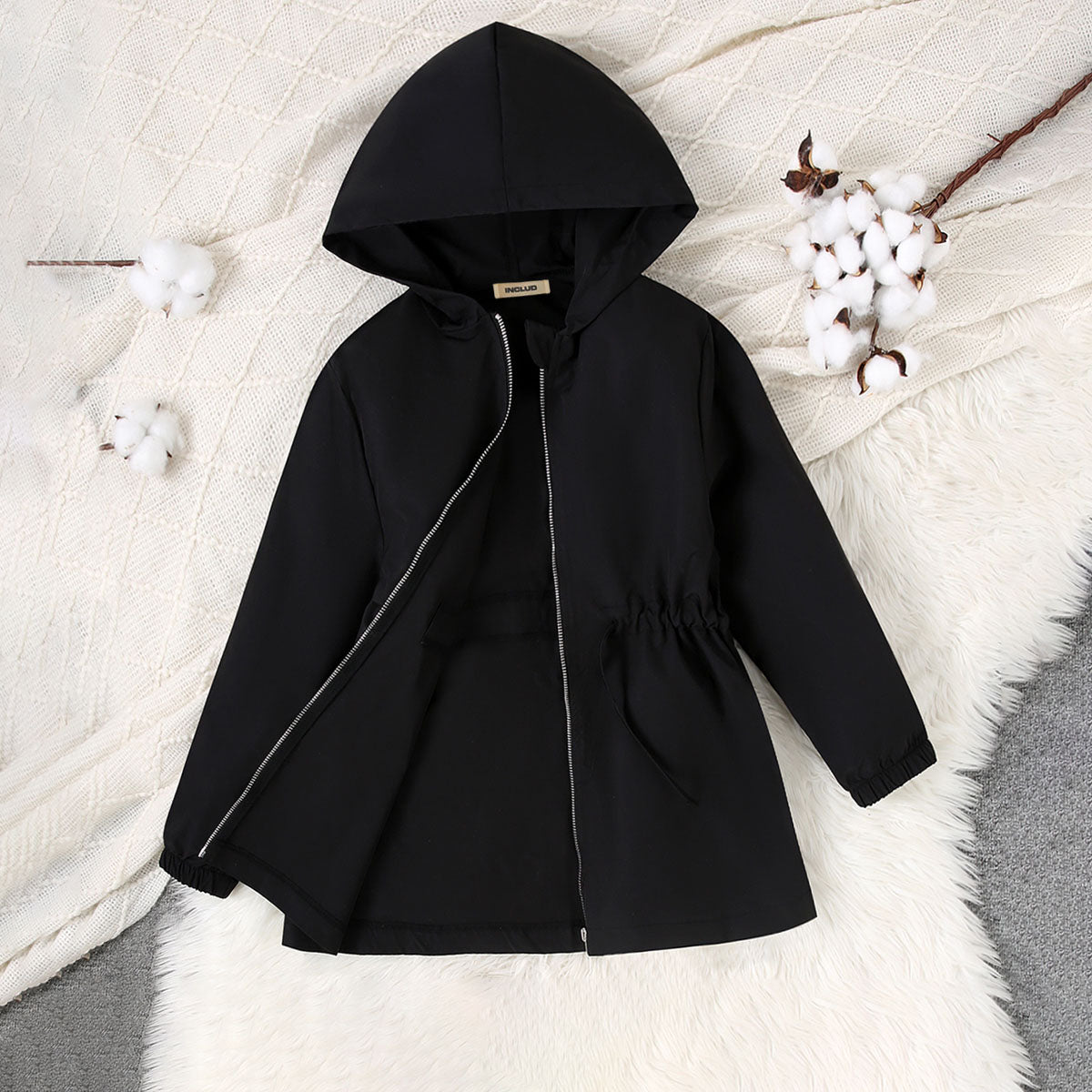 Girls Black Solid Oversized Long Sleeve Hooded Winter Jackets Coats & Jackets Black 7-8 Y
