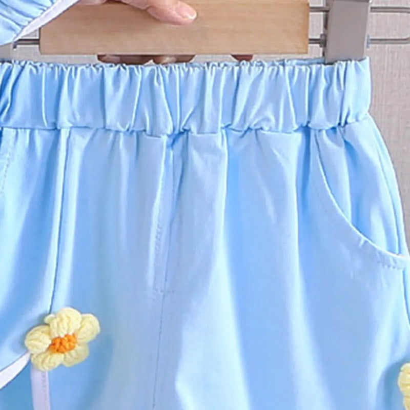 Girls Light Blue Flower Applique Top With Shorts Co-ord Sets Sets