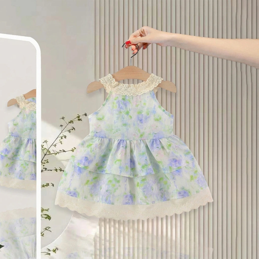 Girls Blue Floral Print Layered Fit & Flare Dress Casual Dresses