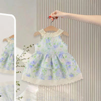 Girls Blue Floral Print Layered Fit & Flare Dress Casual Dresses