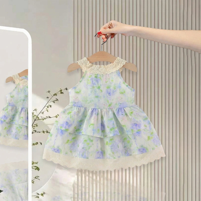 Girls Blue Floral Print Layered Fit & Flare Dress Casual Dresses