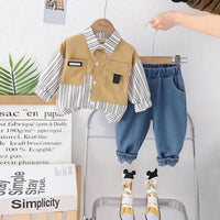 Boys Khaki Stripes Shirt With Denim Jogger Sets Sets Khaki 1-2 Y
