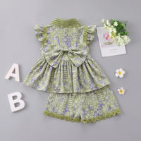 Girls Green Geometric Print Flutter Sleeve Top With Shorts Sets 2 pc. Sets