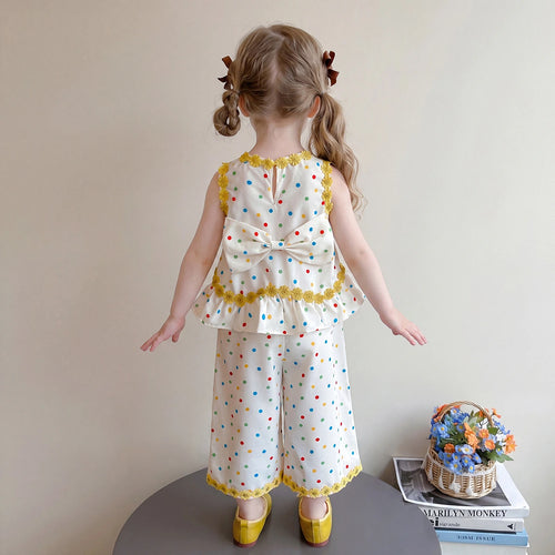 Girls Cream Polka Dot Print Sleeveless Top With Wide-Leg Pants Sets 2 pc. Sets